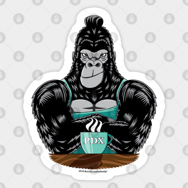 Portland Oregon Gorilla Barista Sticker by BurchCreativeDesign